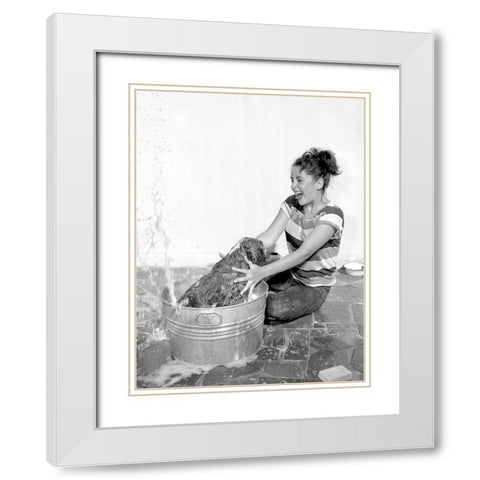 Elizabeth Taylor washing a dog White Modern Wood Framed Art Print with Double Matting by Hollywood Photo Archive