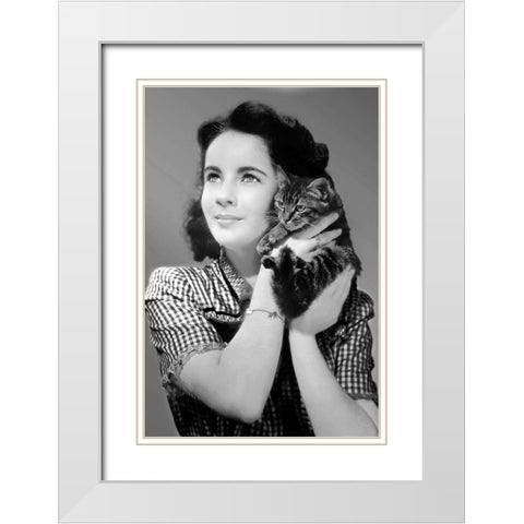 Elizabeth Taylor with a kitten White Modern Wood Framed Art Print with Double Matting by Hollywood Photo Archive
