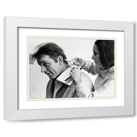 Elizabeth Taylor trims Richard Burtons hair White Modern Wood Framed Art Print with Double Matting by Hollywood Photo Archive