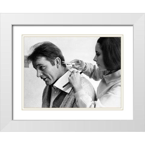 Elizabeth Taylor trims Richard Burtons hair White Modern Wood Framed Art Print with Double Matting by Hollywood Photo Archive