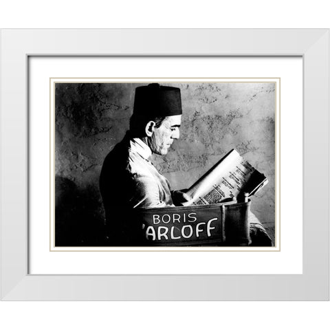 Boris Karloff - Reading a Script White Modern Wood Framed Art Print with Double Matting by Hollywood Photo Archive