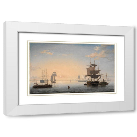 Harbor of Boston with the City in the Distance White Modern Wood Framed Art Print with Double Matting by Lane, Fitz Henry