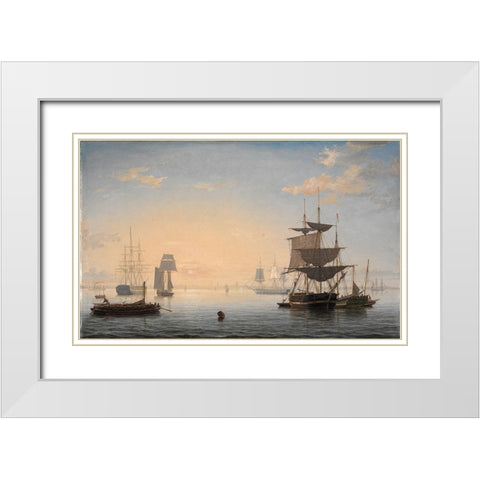 Harbor of Boston with the City in the Distance White Modern Wood Framed Art Print with Double Matting by Lane, Fitz Henry