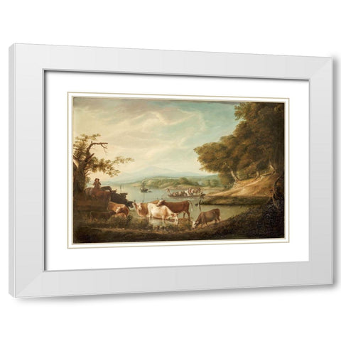 A Calm Watering Place Extensive and Boundless Scene with Cattle White Modern Wood Framed Art Print with Double Matting by Fisher, Alvan