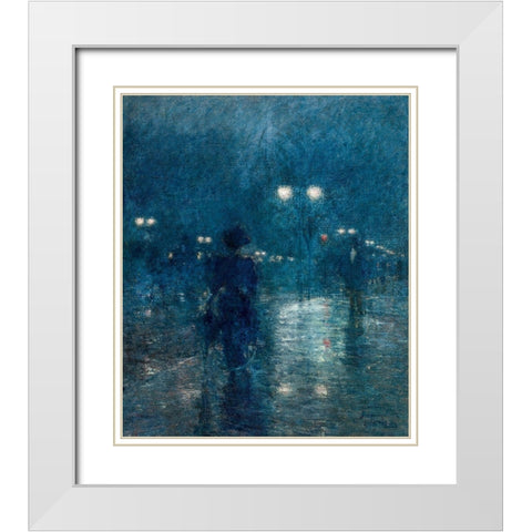 Fifth Avenue Nocturne White Modern Wood Framed Art Print with Double Matting by Hassam, Childe