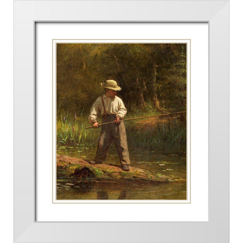 Boy Fishing White Modern Wood Framed Art Print with Double Matting by Johnson, Eastman