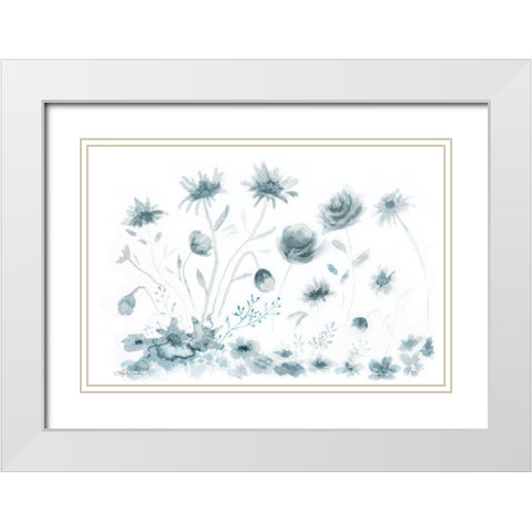 Blue Flower Toss White Modern Wood Framed Art Print with Double Matting by Bawden, Angela