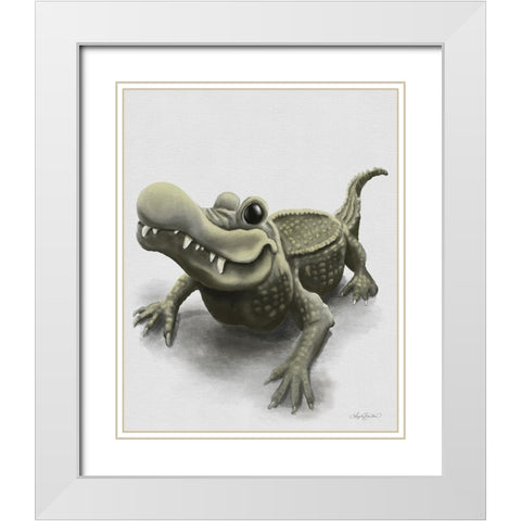 Gabe the Gator White Modern Wood Framed Art Print with Double Matting by Bawden, Angela