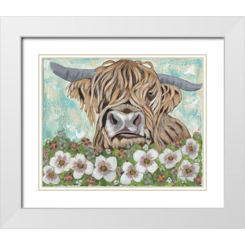 Floral Highland Cow White Modern Wood Framed Art Print with Double Matting by Justice, Ashley