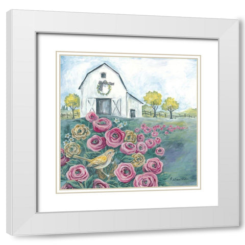 Pink Flower Field White Modern Wood Framed Art Print with Double Matting by Kater, Diane