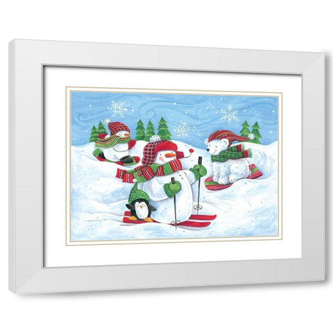 Skiing Snowmen and Animals White Modern Wood Framed Art Print with Double Matting by Kater, Diane
