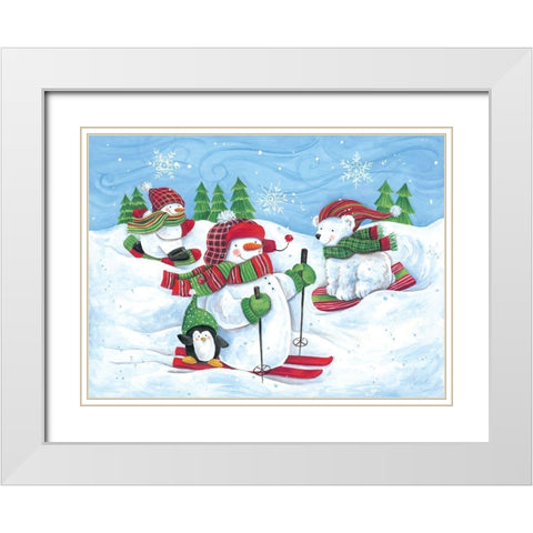 Skiing Snowmen and Animals White Modern Wood Framed Art Print with Double Matting by Kater, Diane
