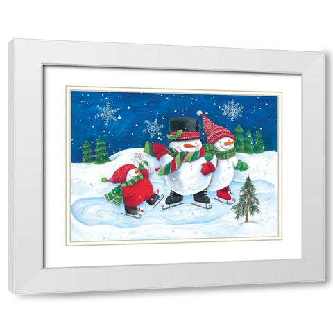 Happy Snowmen Family on Skates White Modern Wood Framed Art Print with Double Matting by Kater, Diane