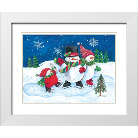 Happy Snowmen Family on Skates White Modern Wood Framed Art Print with Double Matting by Kater, Diane
