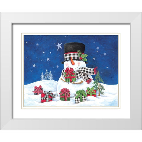 Gifting Snowman I White Modern Wood Framed Art Print with Double Matting by Kater, Diane