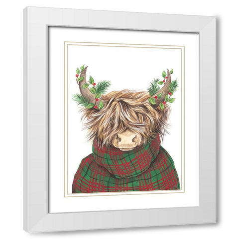 Christmas Highland Cow White Modern Wood Framed Art Print with Double Matting by Kater, Diane