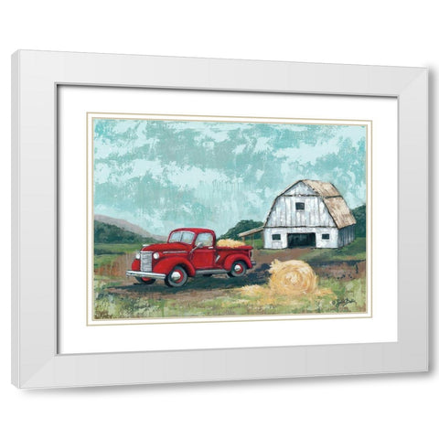 Red Truck at the Barn White Modern Wood Framed Art Print with Double Matting by Baker, Sara