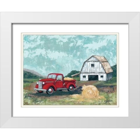 Red Truck at the Barn White Modern Wood Framed Art Print with Double Matting by Baker, Sara
