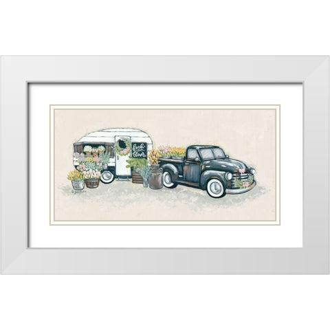 Vintage Flower Truck and Trailer White Modern Wood Framed Art Print with Double Matting by Baker, Sara