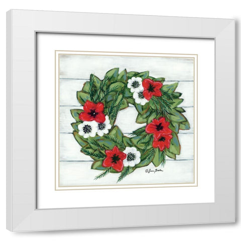 Magnolia Winter Wreath White Modern Wood Framed Art Print with Double Matting by Baker, Sara