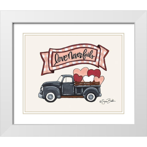 Love Never Fails Truck White Modern Wood Framed Art Print with Double Matting by Baker, Sara