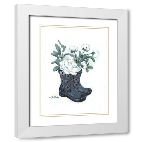 Rain Boot Peonies White Modern Wood Framed Art Print with Double Matting by Baker, Sara