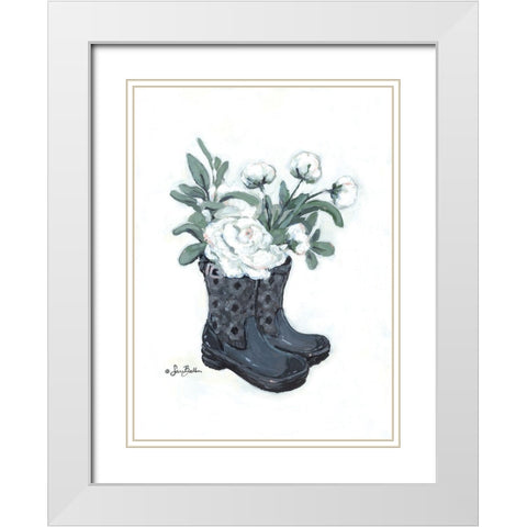 Rain Boot Peonies White Modern Wood Framed Art Print with Double Matting by Baker, Sara