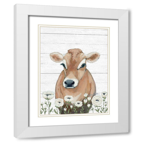 Cow With Flowers White Modern Wood Framed Art Print with Double Matting by Baker, Sara