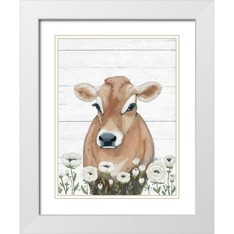 Cow With Flowers White Modern Wood Framed Art Print with Double Matting by Baker, Sara