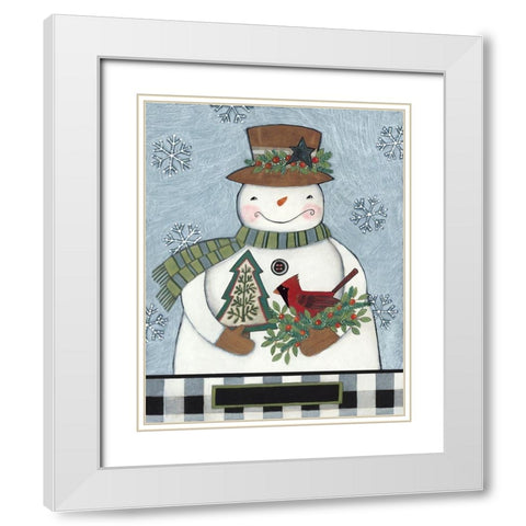 Snowman with Cardinal White Modern Wood Framed Art Print with Double Matting by Deming, Bernadette