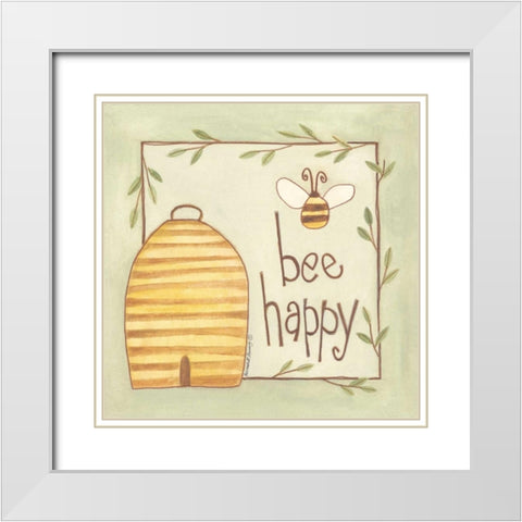 Bee Happy White Modern Wood Framed Art Print with Double Matting by Deming, Bernadette