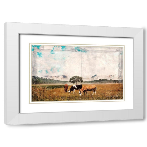 Vintage Grazing Cattle    White Modern Wood Framed Art Print with Double Matting by Bluebird Barn