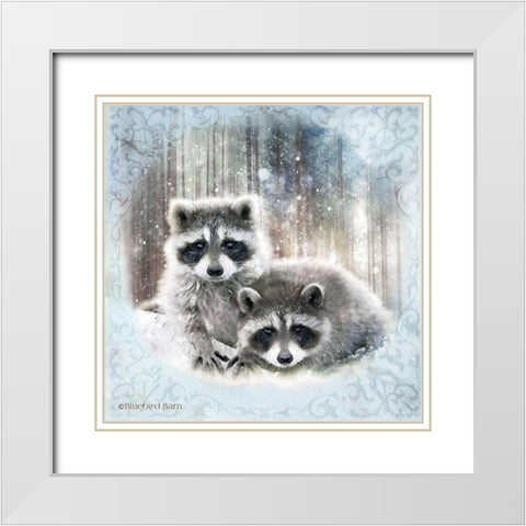 Enchanted Winter Raccoons   White Modern Wood Framed Art Print with Double Matting by Bluebird Barn