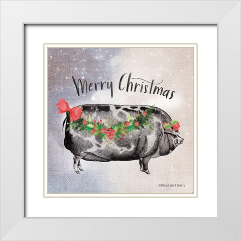 Vintage Christmas Be Merry Pig White Modern Wood Framed Art Print with Double Matting by Bluebird Barn