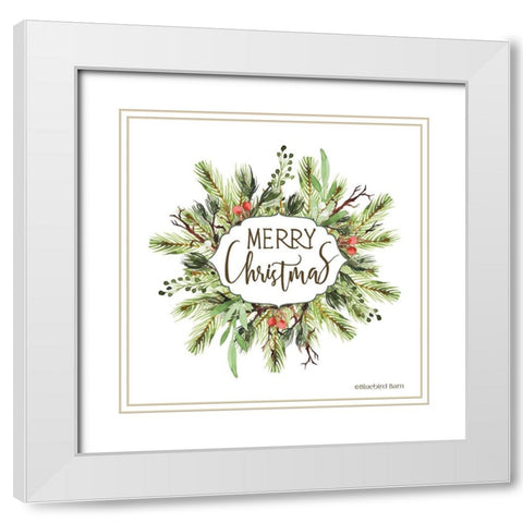 Merry Christmas Greenery I    White Modern Wood Framed Art Print with Double Matting by Bluebird Barn