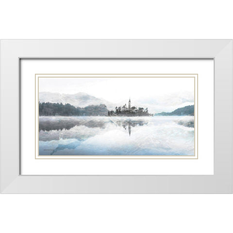 Lake Escape with Village White Modern Wood Framed Art Print with Double Matting by Bluebird Barn