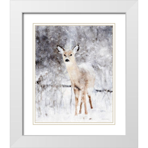 Deer in Winter Forest White Modern Wood Framed Art Print with Double Matting by Bluebird Barn