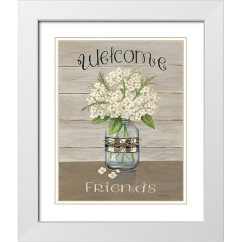 Welcome Friends Mason Jar White Modern Wood Framed Art Print with Double Matting by Britton, Pam