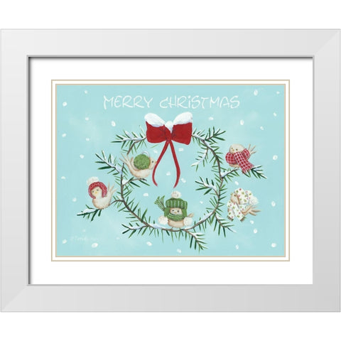Winter Birds Christmas Wreath White Modern Wood Framed Art Print with Double Matting by Britton, Pam