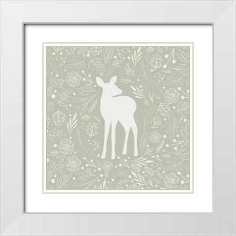 Floral Deer White Modern Wood Framed Art Print with Double Matting by Lady Louise Designs