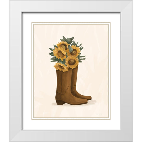 Sunflower Cowgirl Boots White Modern Wood Framed Art Print with Double Matting by Lady Louise Designs