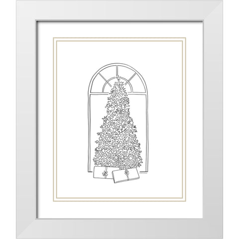 Christmas Tree Line Drawing White Modern Wood Framed Art Print with Double Matting by Lady Louise Designs
