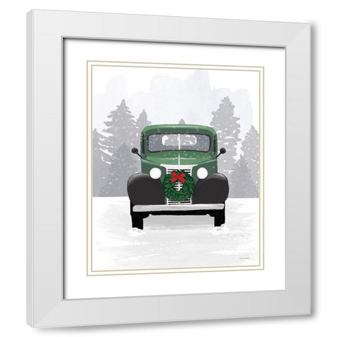 Vintage Car Christmas White Modern Wood Framed Art Print with Double Matting by Lady Louise Designs