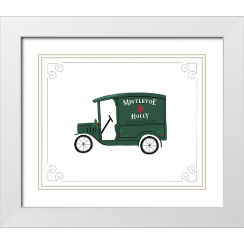 Mistletoe And Holly Vintage Delivery Truck White Modern Wood Framed Art Print with Double Matting by Lady Louise Designs