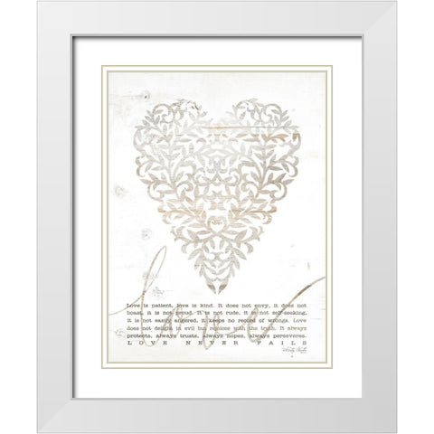 Love Never Fails with Heart White Modern Wood Framed Art Print with Double Matting by Jacobs, Cindy