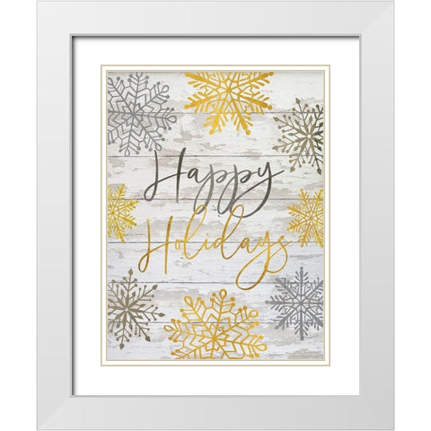 Happy Holidays Snowflakes White Modern Wood Framed Art Print with Double Matting by Jacobs, Cindy