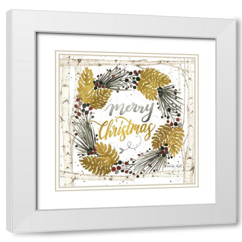 Merry Christmas Birch Wreath with Berries White Modern Wood Framed Art Print with Double Matting by Jacobs, Cindy
