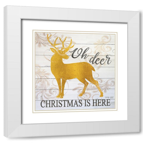 Oh Deer Christmas is Here White Modern Wood Framed Art Print with Double Matting by Jacobs, Cindy