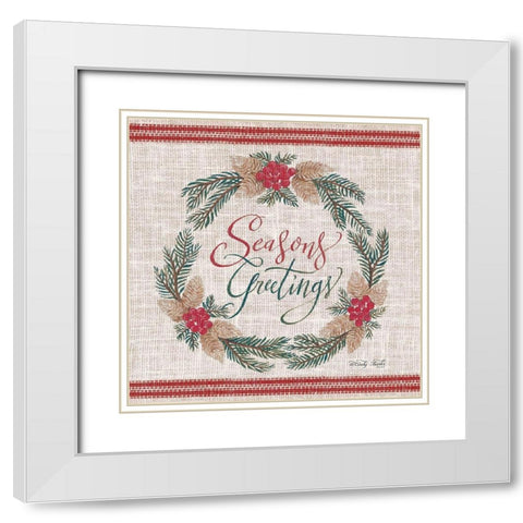 Seasons Greetings Wreath   White Modern Wood Framed Art Print with Double Matting by Jacobs, Cindy