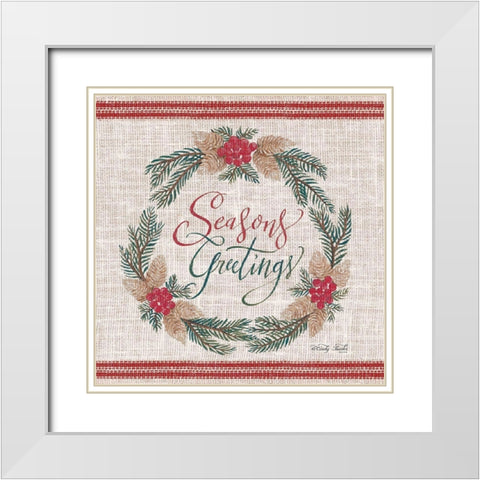 Seasons Greetings Wreath   White Modern Wood Framed Art Print with Double Matting by Jacobs, Cindy